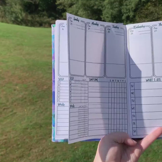 A video shows move left to right showing the main page of the normal size symptom journal. The book is then opening laying down and is flicked to different pages to show what is in the book. The pages shown in order are the month page, main tracking page,then in the back medication and test history, doctor information, and lined pages