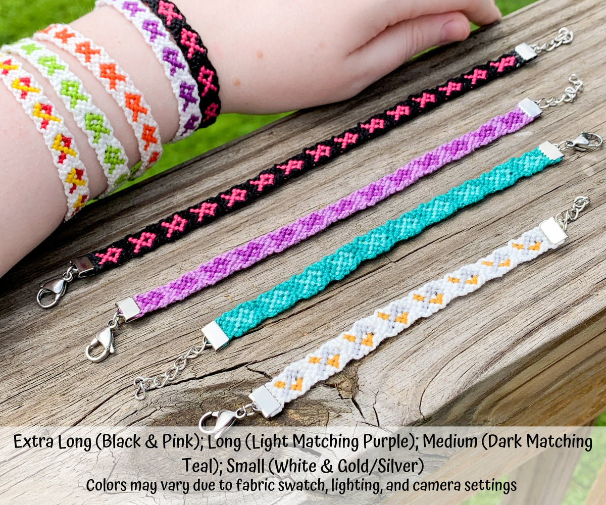 The same bracelets and one other (gold silver combo with white background) are shown. 4 Are shown on a wood plank and they are different sizes. A note lists the sizes of each bracelet and it's color so the size difference can be seen. Another note says colors may vary due to fabric swatch, lighting, and camera settings.