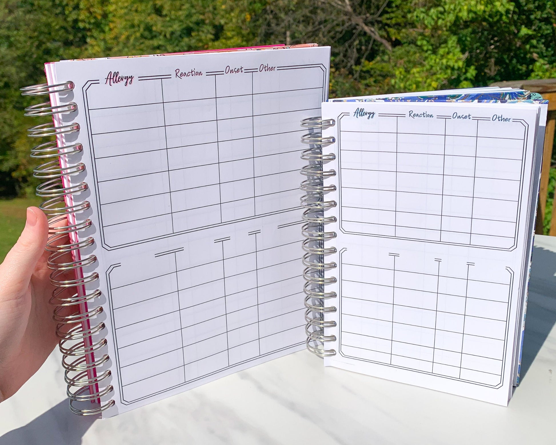 The larger pink and smaller blue books are being held up. They show the same 1 page. There are 2 boxes. The top one has columns labeled Allergy, reaction, onset, other. It has 7 rows. The bottom box has the same number of columns and rows but has blank slots to record whatever you want. The books have matching pink or blue shadows behind the text.