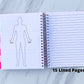 The spiral book is open to show a large body outline on the left page and a lined page on the right. A note below the lined page says 15 Lined pages.
