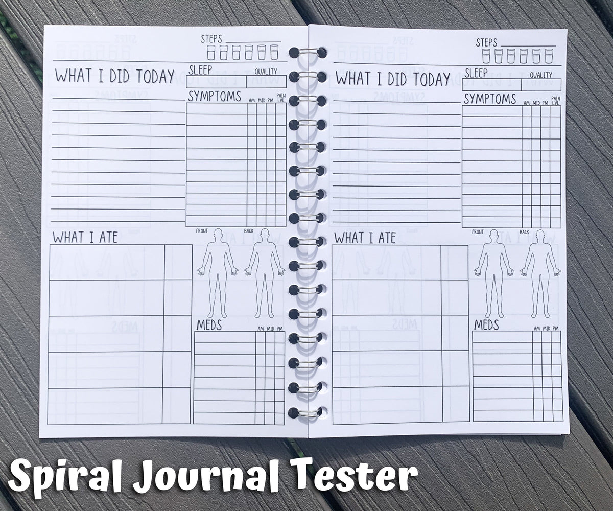 The main page of the spiral journal is shown. There are 11 lines with a header of What I Did Today. On the right is a box that says sleep on the left and quality on the right. Another box below labeled symptoms has 11 slots, 3 times of day and a pain slot. Below the lines on the left is a box that is says What I Ate, there is a small separated area on its side. There are 5 slots in this box. To the right are front and back body outlines the meds section with 8 slots.