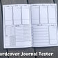The hardcover tester is shown open. The top half and bottom right corner have a total of 7 tall boxes labeled each day of the week. There are 2 lines in the top right corner and one line near the bottom of each box. On the bottom left of the page is a sleep and med tracker. Next to these is a symptom box with a blank rectangular box below for notes. A What I Ate section is on the right page to the left of the saturday box. 