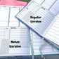 2 books are shown, open to the main tracking page. One book says Notes version and has a box below the symptom tracker, the symptom slots are shorter but they have the same amount. The other book says Regular version and does not have a box. You can see a piece of blue ribbon on both books that acts as a bookmark.