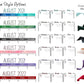 6 colors options are shown. Blue, Green, Grey, Pink, Purple, and Red. The colors for the days of the week for months is shown as well as the header on the main pages which have a shadow of a matching color. On the right is a column called corresponding ribbons that show the color of each ribbon that is attached as a bookmark, the color matches but the shade varies. 