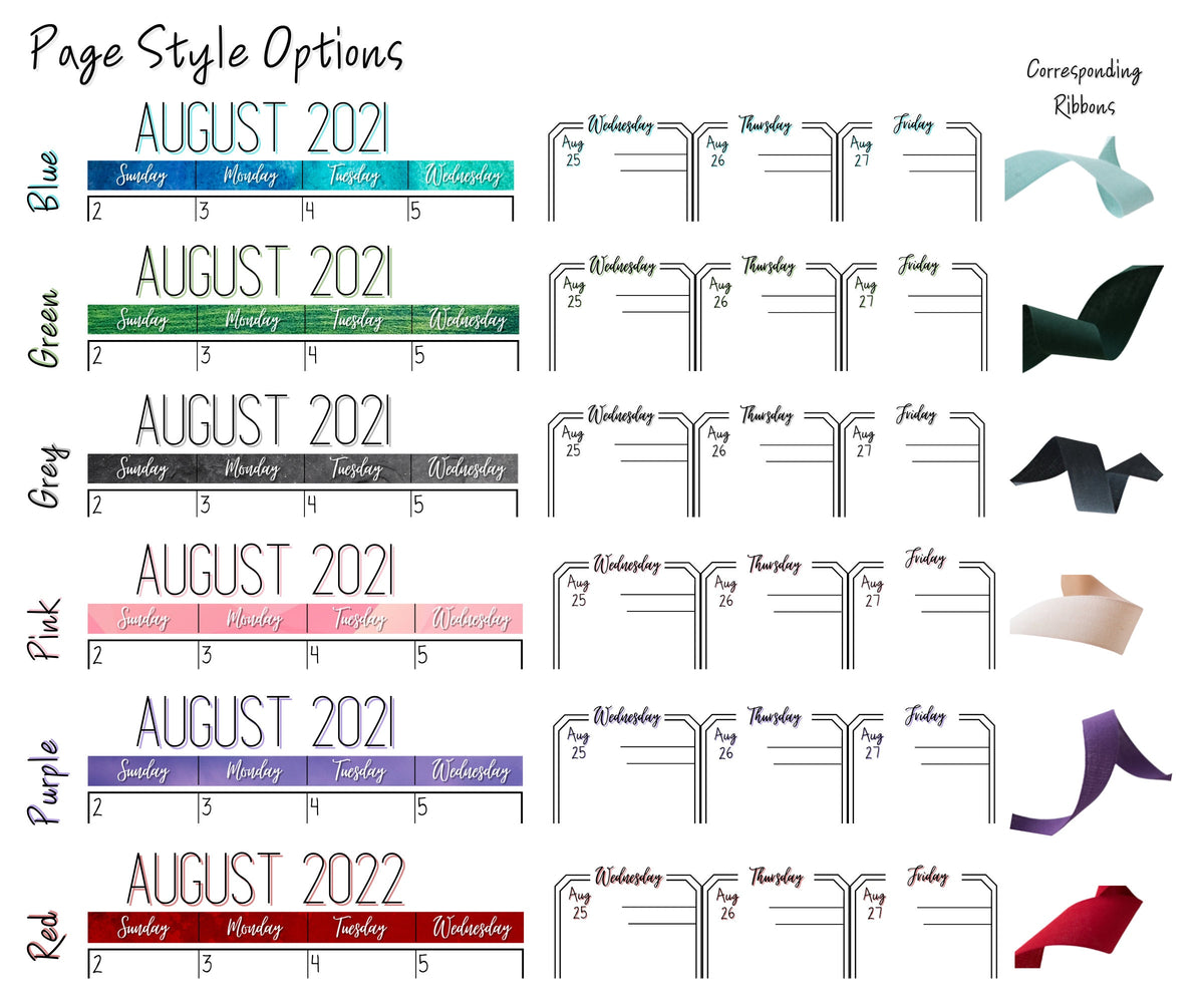 6 colors options are shown. Blue, Green, Grey, Pink, Purple, and Red. The colors for the days of the week for months is shown as well as the header on the main pages which have a shadow of a matching color. On the right is a column called corresponding ribbons that show the color of each ribbon that is attached as a bookmark, the color matches but the shade varies. 