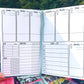 The week page of a symptom journal is shown. It has 6 boxes at the top and 1 below on the right, each is a day of the week. The boxes take up half the page vertically they have a line towards the bottom. Below on the left is a sleep, meds, and symptom tracker. Each has space for each day of the week. The med box has space 7 meds and 2 checkboxes per day. The symptom box has 10 slots. On the right is a what I ate box which is divided into writing slots for each day.