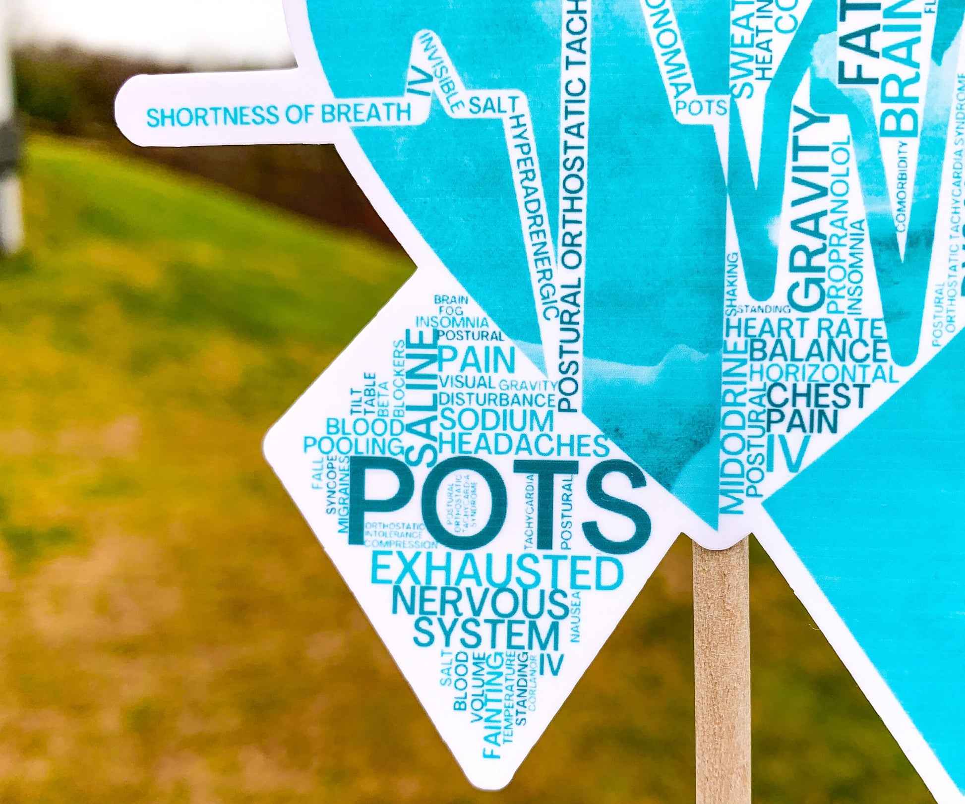 A close up of the bottom part of the ribbon of the word cloud design. You can see the words clearly in matching shades of turquoise. The words are things like Gravity, Horizontal, POTS, Tilt Table, Headaches, IV, Invisible, Fainting, Salt, Nausea, Propranolol, Balance, and more.