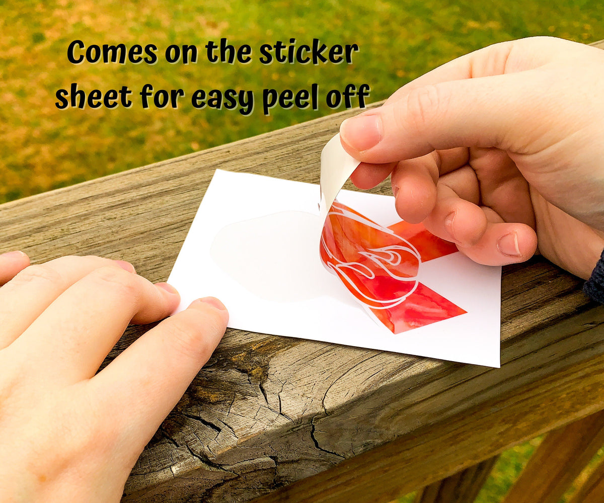 Hands are shown peeling a sticker (CRPS design) off a white sheet. A note says comes on the sticker sheet for easy peel off