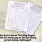 An unlaminated and laminated spoon tracker are shown on a marble background. A note says Get extra spoon tracking pages! One for every day or one for every person being challenged. 