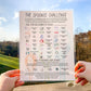 The main page of the Spoonie Challenge is shown being held up. There is a short description, then a line for noting your starting spoons for the day. Below are 23 activies (get out of bed, study, drive, hobby , bathe, and more) with pre-set spoon values, there is one blank spot. Towards the bottom is a spoon recharging guide. Instructions are given on how to recharge spoons using a number generator. 3 activities are given, nap 1 hour, caffeine, and sit and relax for 30 min. Each has pre-set spoon values. 