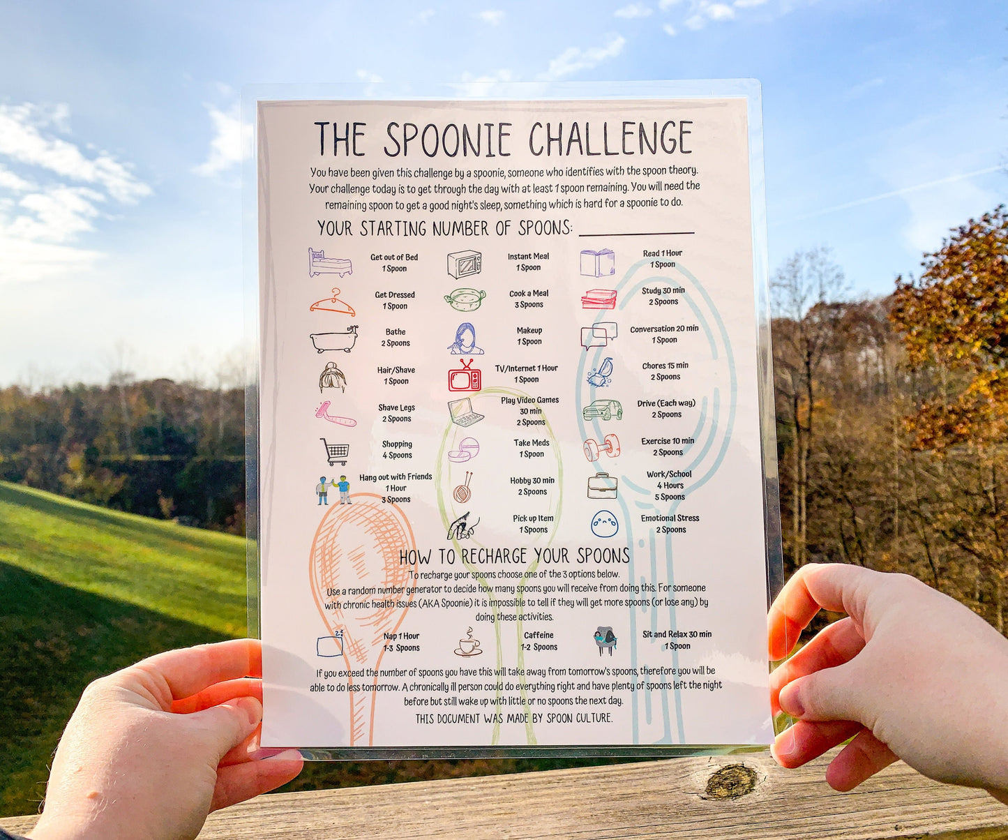 The main page of the Spoonie Challenge is shown being held up. There is a short description, then a line for noting your starting spoons for the day. Below are 23 activies (get out of bed, study, drive, hobby , bathe, and more) with pre-set spoon values, there is one blank spot. Towards the bottom is a spoon recharging guide. Instructions are given on how to recharge spoons using a number generator. 3 activities are given, nap 1 hour, caffeine, and sit and relax for 30 min. Each has pre-set spoon values. 