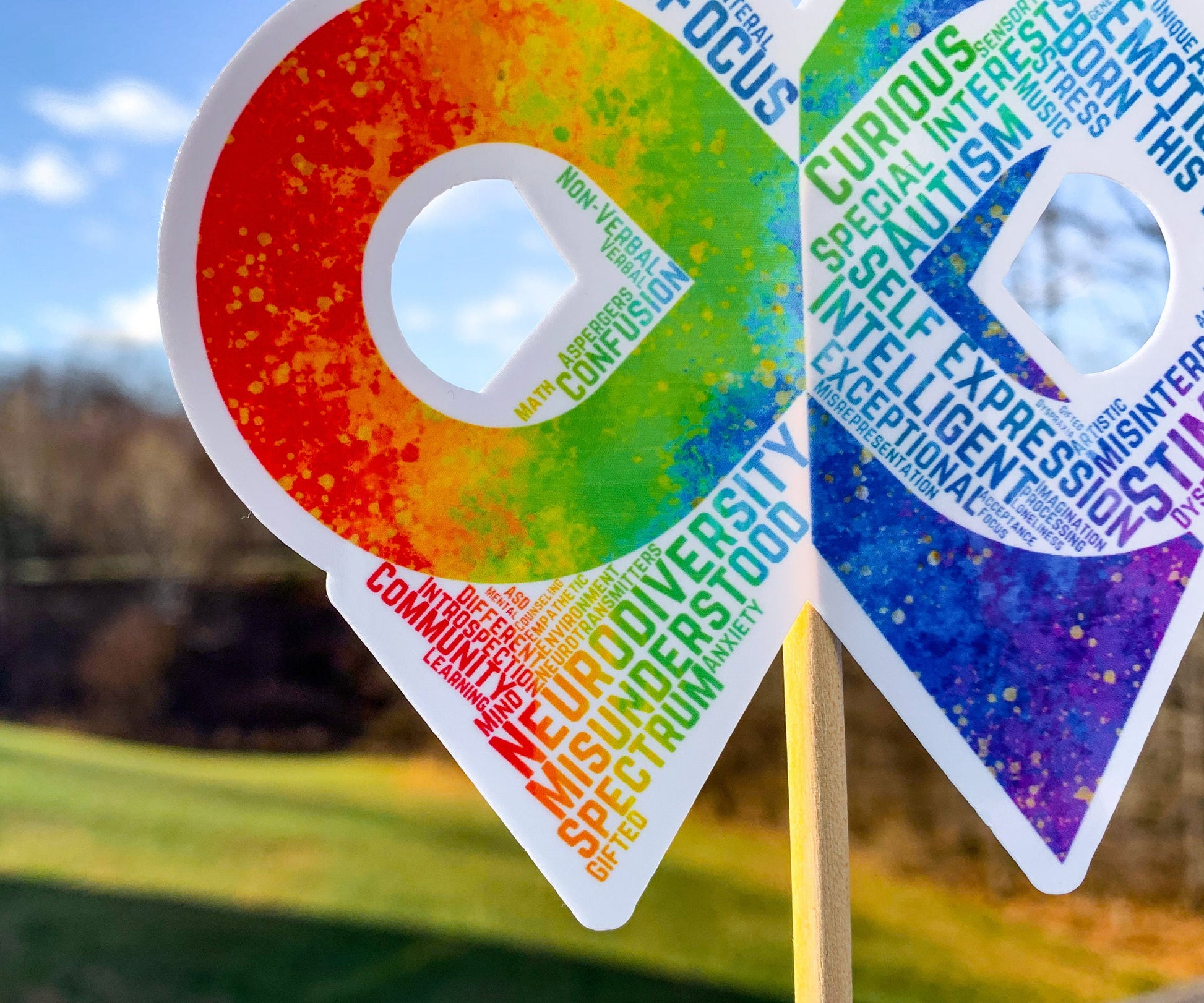 A close up of the bottom part of the ribbon of the word cloud design. You can see the words clearly in a matching rainbow gradient. The words are things like Neurodiversity, Community, Introspection, Self Expression, Intelligent, Confusion, Misunderstood, Curious, Special Interests, Misrepresentation, and more.