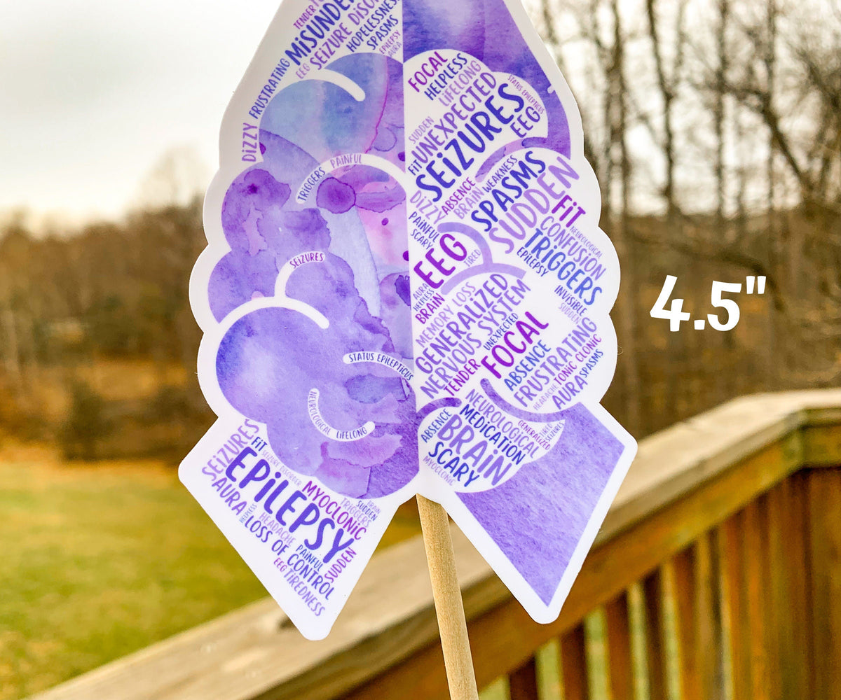 A close up of the 4.5 in word cloud ribbon is shown. You can see the words clearly in matching shades of purple. The words are things like Epilepsy, Myoclonic, Sudden, Seizures, Helpless, Fit, Tender, Dizzy, Aura, Loss of control, Headache, Triggers, status, and more.