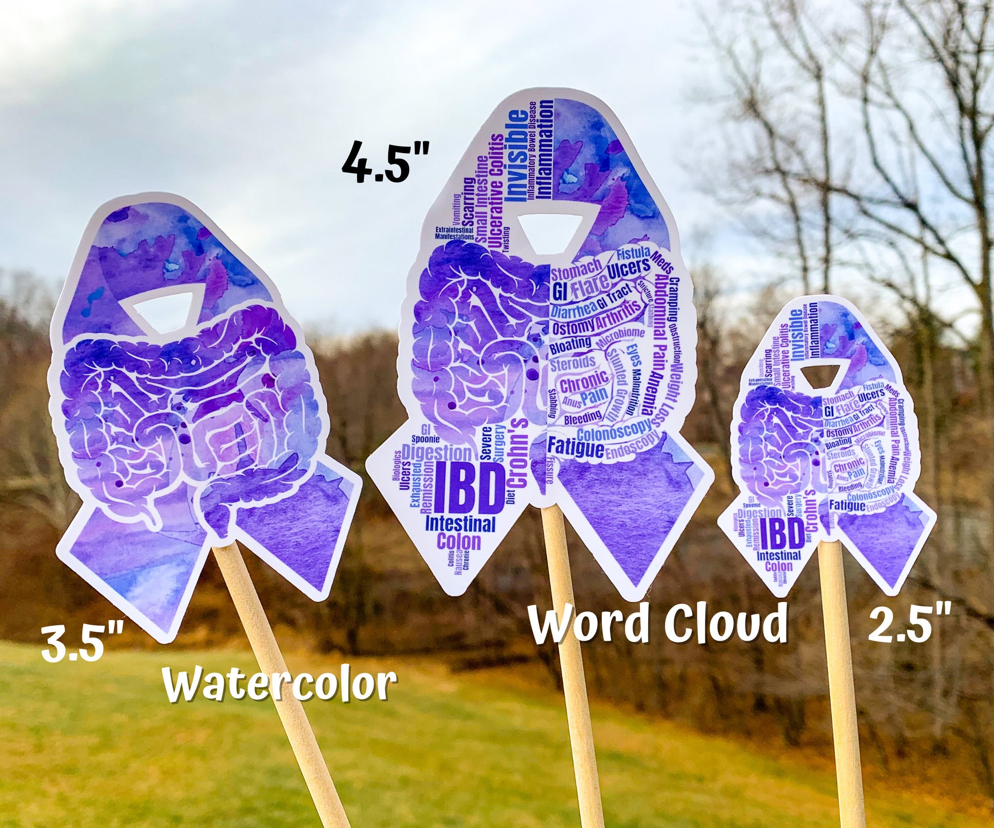 3 sizes of the stickers are shown. 3.5 inch, 4.5 inch, and 2.5 inch. It also shows that the watercolor design is all color and no word cloud and the word cloud is the design with each section split in half with the word clouds