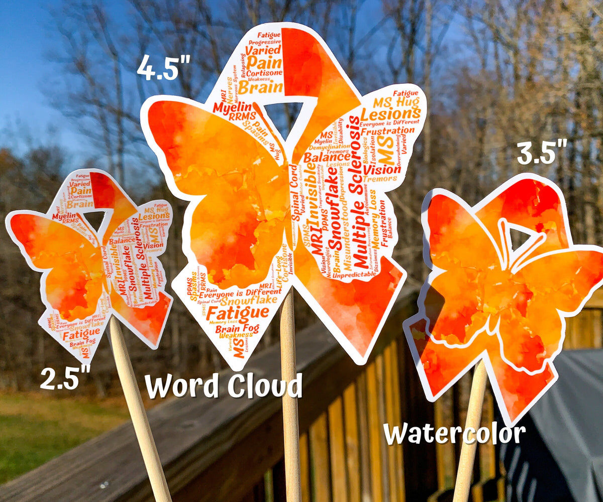 3 sizes of the stickers are shown 2.5 inch, 4.5 inch, and 3.5 inch. It also shows that the watercolor design is all color and no word cloud and the word cloud is the design with each section split in half with the word clouds
