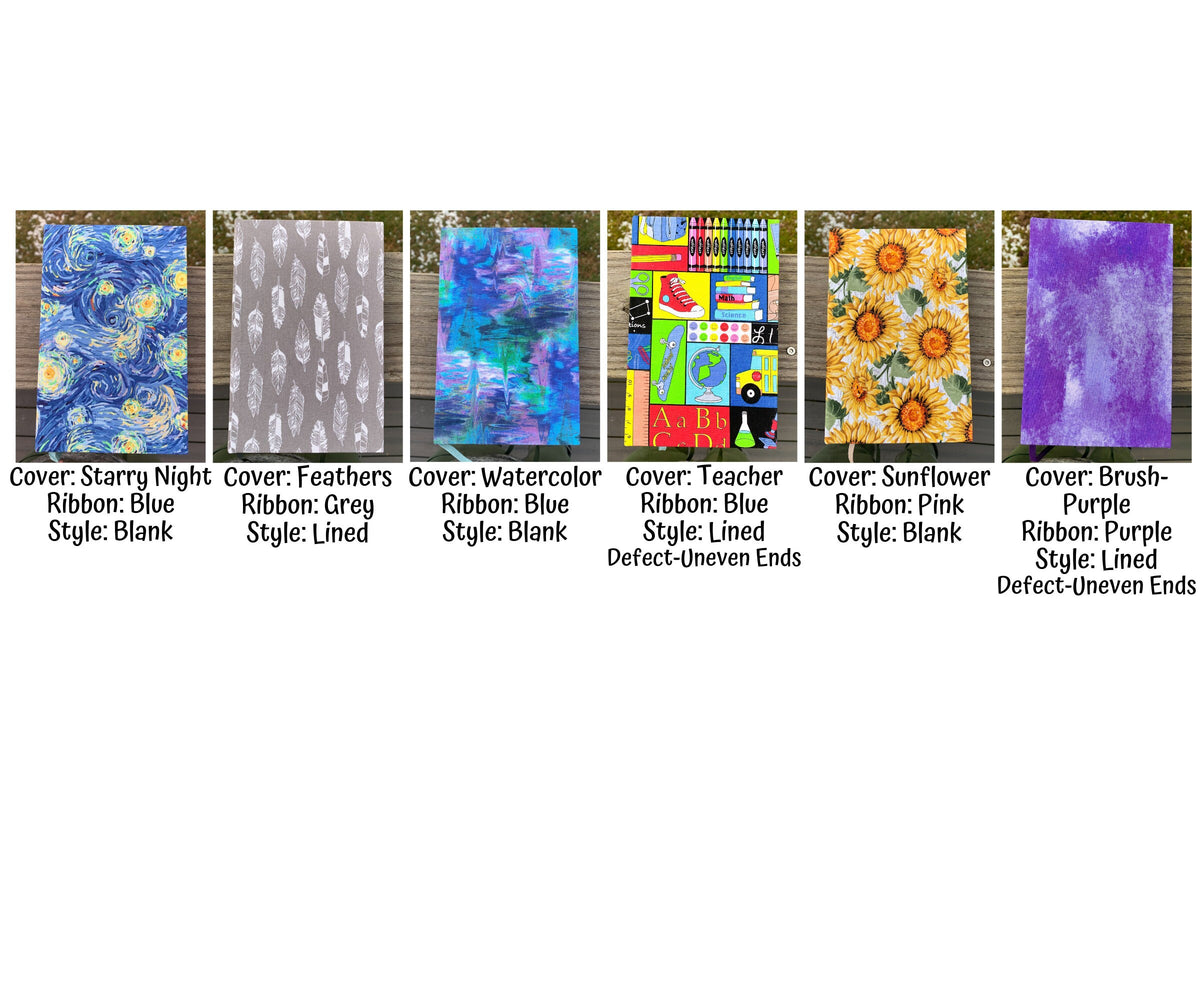 A list of available books is shown. The cover pattern name, ribbon color, and style are shown. Some books are shown as having an uneven end defect. Top text says the books are premade and ineligible for customizations. For a custom book please contact me. I would be happy to make a book with any available fabric, or find a custom. 