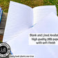 An open blank page book is shown on top of an open lined page book. A note says blank and lined available. High quality 28 pound paper with soft finish. Every book plants one tree.