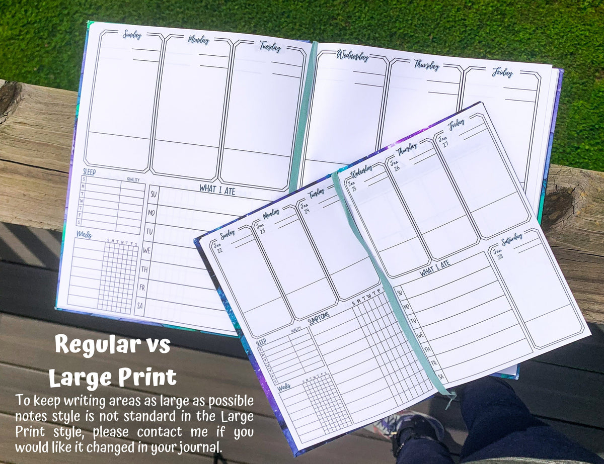 A regular sized journal is shown sitting on top of the large print journal for size comparison. A note says that to keep writing areas as large as possible notes style is not standard in the large print style. Please contact me if you would like it chagned in your journal.