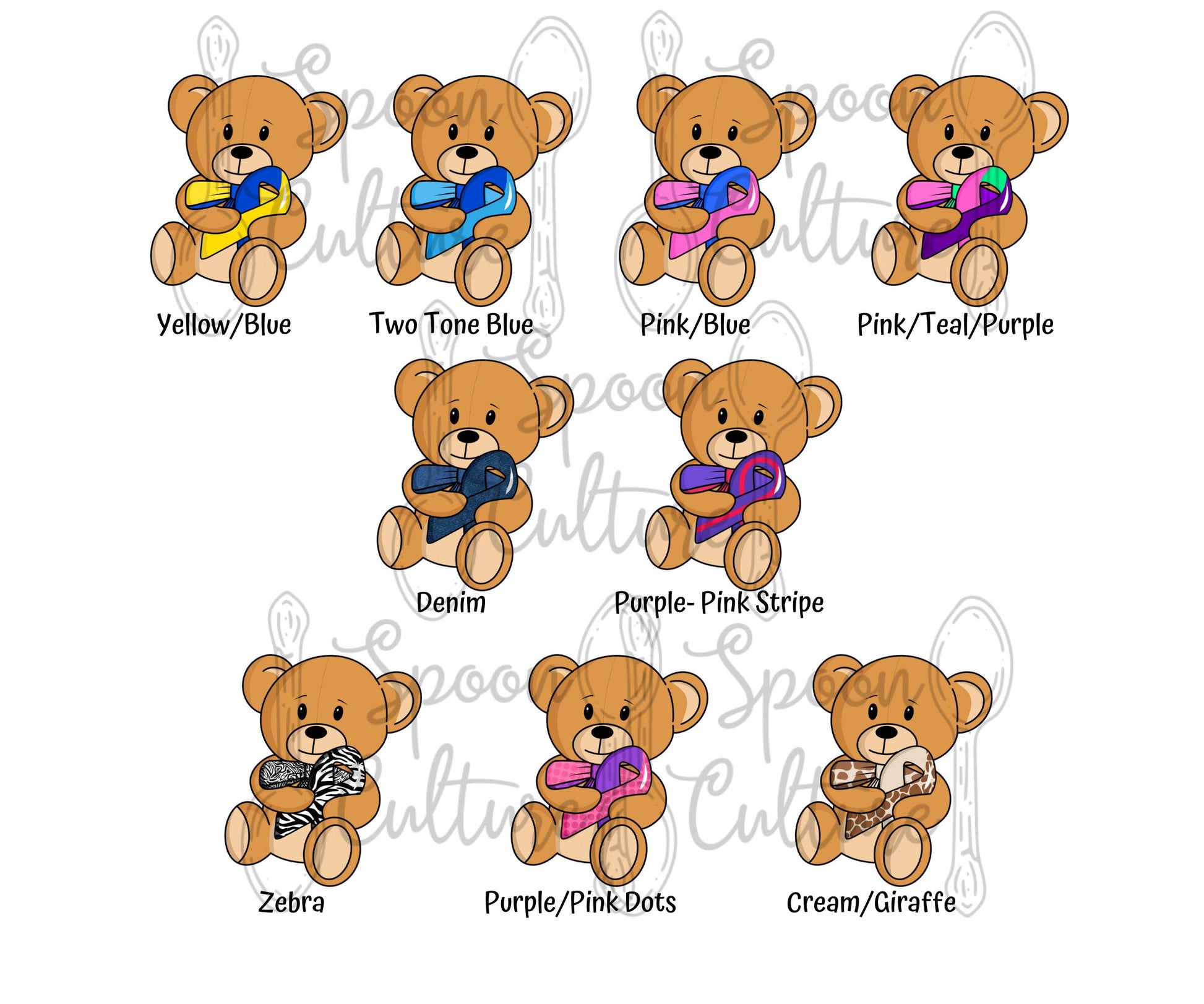 More awareness ribbon bears are shown on this page, these are the ones with 2 colors or different patterns.