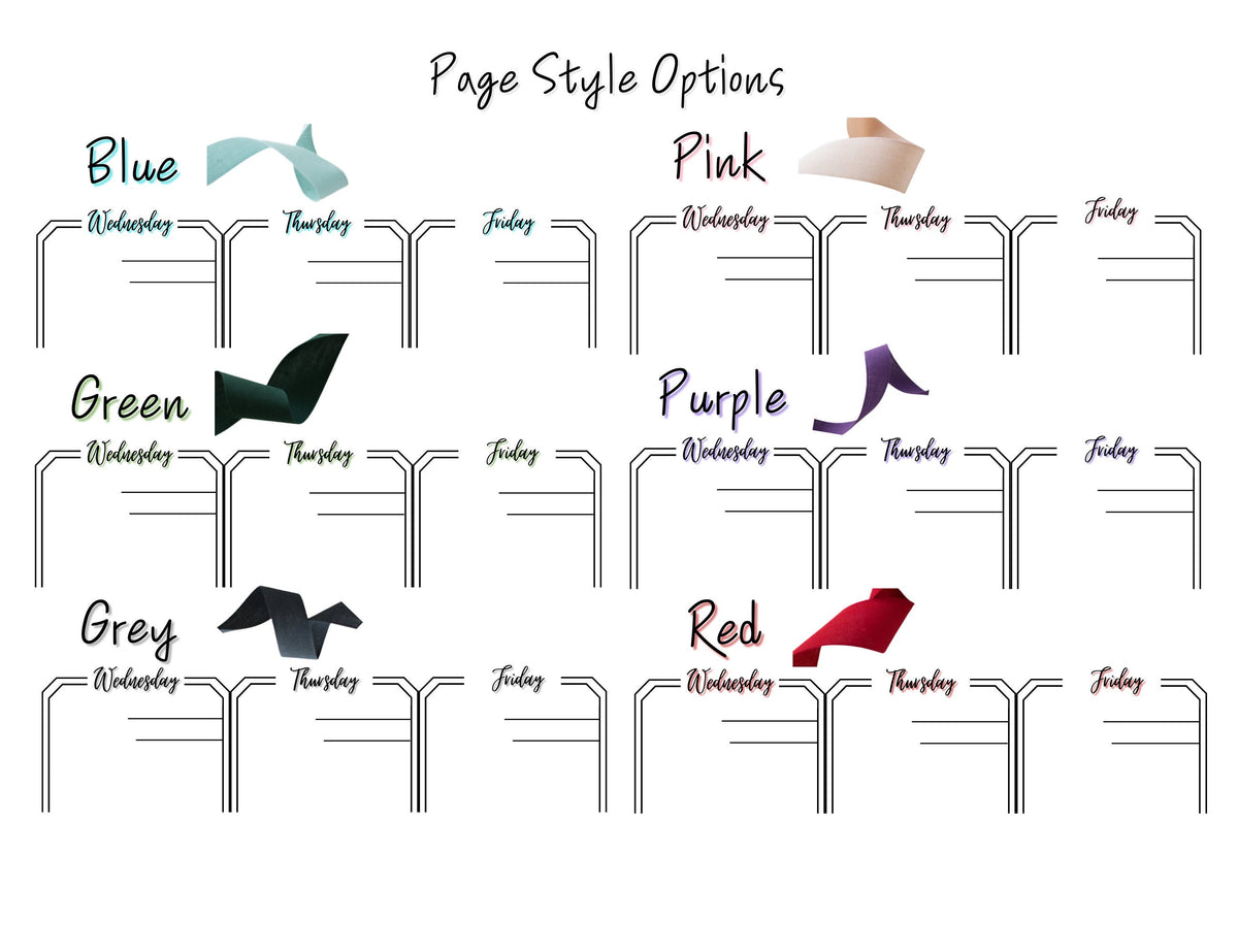 Text color options are shown with corresponding matching ribbon colors. The colors are shadow for the headings in the journal. The options are Blue, Pink, Green, Purple, Grey, and Red.