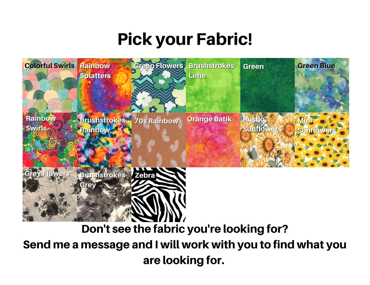15 fabrics are shown in colors rainbow, green, orange, yellow, and greys. A note at the bottom says: Don't see the fabric you're looking for? Send me a message and I will work with you to find what you are looking for.