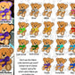 3 versions of the purple ribbon bear are shown on the left. Each of the bears has a matching, black, or white outline. Several example bears are shown with watermarks over them. The name of the color ribbon is shown underneath. A note says Don't see the ribbon color/pattern you want? Contact me or choose "custom" and write which color/ribbon you are looking for 