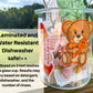 A bear with an orange ribbon and matching border is shown on a glass jar. This is for an example of surfaces it can stick to. A Multiple Sclerosis word cloud ribbon can be seen on the side of the jar. A note says Laminted and Water Resistant. Dishwasher safe **. ** Based on 2 test washes on a glass cup. Results may vary based on detergent, dishwasher, and the number of rinses.