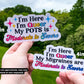 The Pansexual Flag POTS sticker from the first photo is noted as being 5 inches and shown next to the 4 inch Bisexual flag migraine sticker. A note says sizes are approximate, may vary based on text requested.